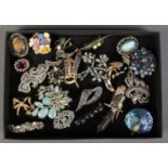 A tray of brooches. Including marcasite, bird examples, etc.