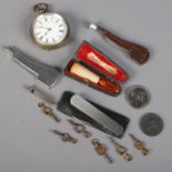 A small box of collectables. Including pocket watch, pipe, pocket knives, watch keys, etc.