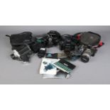 A quantity of cameras including Mamiya ZE with Mamiyalite flash, Olympus Om101, Minolta 7000 and