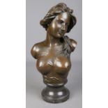 After Jean-Leon Gerome, a bronze sculpture, bust of a maiden. Raised on marble socle base. Signed to