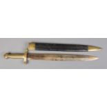 A French 1831 model short sword with brass and leather scabbard. Bearing anchor mark to cross guard,