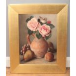 George Walter Harris (1835-1912), gilt framed watercolour, still life with roses and fruit. Signed