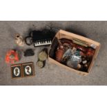 A box of miscellaneous to include vintage glasses, horse brasses, glassware, flask, etc.