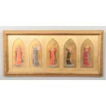 After Fra Angelico (c.1395-1455), a framed set of five watercolours depicting angel musicians.