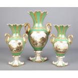 A rare Rockingham garniture of three stork handled vases, possibly by William Willis Bailey. Green