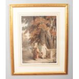 Joshua Cristall (1767-1847), a large gilt framed watercolour, landscape scene with two young