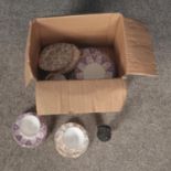 A box of assorted ceramics to include Vale tea service, Coal figure and one other tea service.