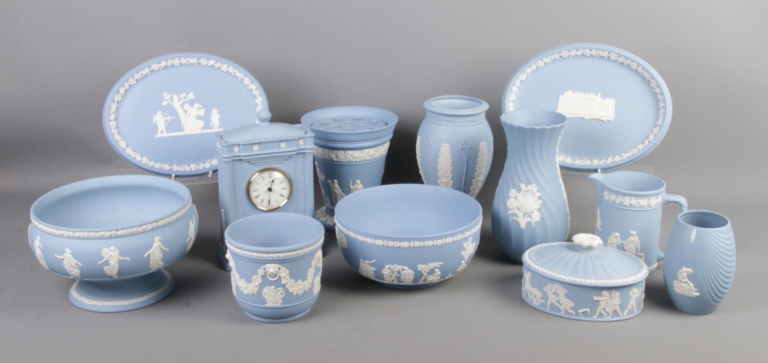 A good collection of Wedgwood jasperware in sky blue. To include large bowl, St Andrews plaque,