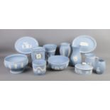 A good collection of Wedgwood jasperware in sky blue. To include large bowl, St Andrews plaque,