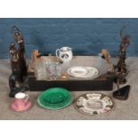 A box of assorted ceramics and glassware, together with a collection of bronzed figures. To