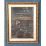 A gilt framed oil on board painting; of an interior scene beside a fire. Signed to lower left,