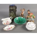 A collection of ceramics. Including Friedel figures, Wedgwood bowl, Royal Crown Derby Posies trinket