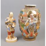 A Japanese satsuma vase, together with a ceramic figure based on an Okimono. Marks to the base of