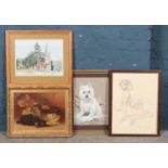 Four framed pictures. Includes pencil sketch of a nude female, Gail E Lodge Scottish Highland