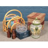 A collection of assorted items, to include large lidded stoneware vase, bamboo canterbury with beano