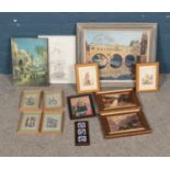 A quantity of pictures and prints including oil on board landscape, naval ship, etc.