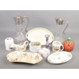 A collection of ceramics and glass. Includes Claret jugs, Royal Winton, Coalport, Carltonware etc.