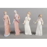 Four NAO by Lladro ceramic figures, to include girl with candle and woman with parasol and cat.