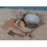 A collection of metalwares. Includes pan, Primus stove, cast iron garden marker, branding iron etc.