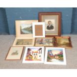 A quantity of pictures and prints to include Javoir, long stitch tapestry, etc.