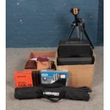 Two boxes of cameras and assorted equipment including Panasonic VHS Movie, Auto zoom 4000,