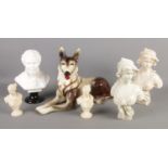 A large Delcroft Ware model of a dog, together with a collection of ceramic and composite busts.