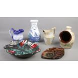 A collection of assorted ceramics, to include Poole style vallauris leaf dish, jug with lionhead