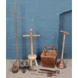 A quantity of miscellaneous. Includes wooden rice bucket, vintage hand tools, copper possers,