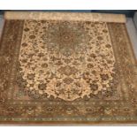 A large olive ground wool carpet. Centre medallion design. (350cm x 250cm)