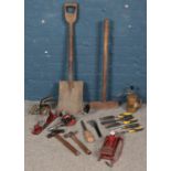 A box of mostly vintage tools. Including hammers, screwdrivers, Stanley plane, sledgehammer, shovel,
