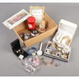 A box of collectables, watches and jewellery. Includes silver and Blue John ring, Accurist, oriental