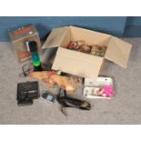 A box of miscellaneous to include Mathmos Original, Moore & Wright Micrometer, decorative