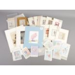 A box of mounted cigarette cards and prints along with small quantity of stamps.