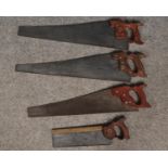 Four vintage saws. Includes Disston U.S.A, A.Brooksbank Sheffield, etc.