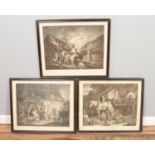 Three coloured engravings; titled 'Preparing for Market', 'Cottagers' and 'The Thatcher'. Engraved