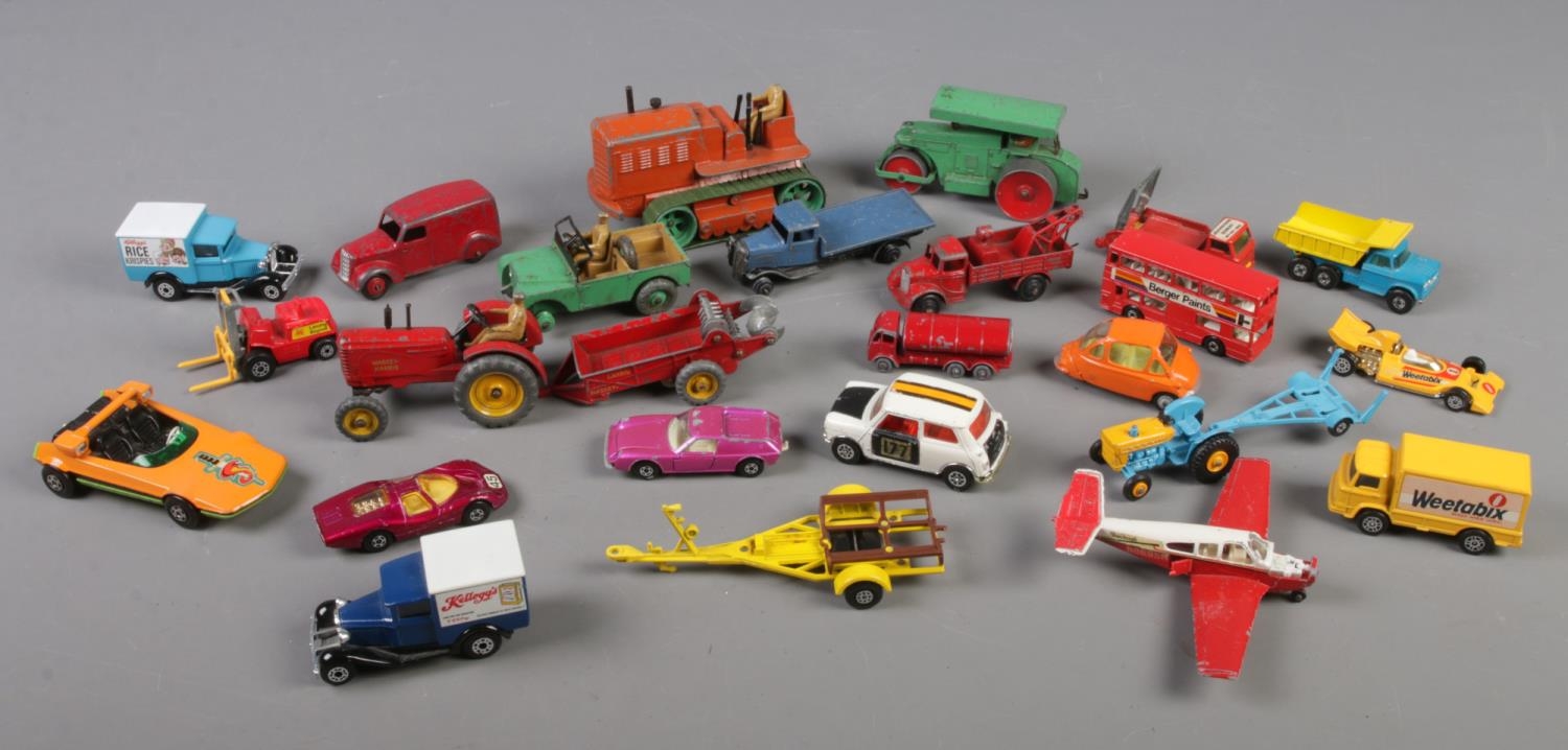 A box of diecast vehicles. Includes Corgi Toys Heinkel, Corgi Toys Whizzwheels Mini Cooper, Dinky