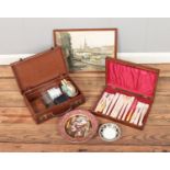 A box of miscellaneous to include silver plated cutlery set, Everett syringes, ceramics, etc.