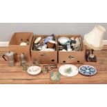 Three boxes of miscellaneous. Including carved wooden table lamp, Royal Doulton dinnerware,