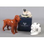 Three ceramic/composite animal figures. Includes boxed Border Fine Arts sheep, Royal Crown Derby