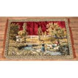 A wool tapestry with frilled edges depicting two figures amongst geese and sheep within a farm, on