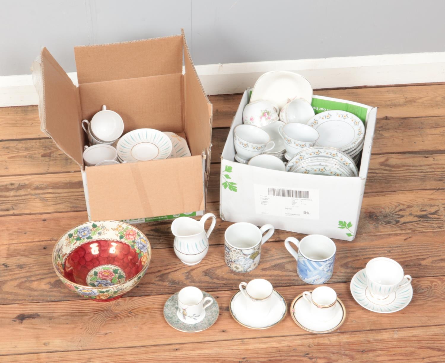 Two boxes of ceramics to include Queen Anne Caprice tea service, Wedgwood, Royal Doulton, etc.