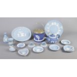 A collection of Wedgwood jasperware ceramics, and similar patterns. Chip to the spout of teapot.