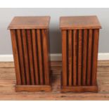 A pair of oak speaker covers. Approx. external dimensions 37cm x 33cm x 70cm.