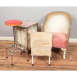 Four pieces of assorted furniture to include Llyod loom style box and chair, bar stool and small