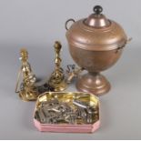 A small box of metalwares. Includes copper samovar, brass candlesticks and a collection of bottle