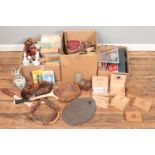 Three boxes of miscellaneous. Includes oriental table lamp, empty cigar boxes, knitting equipment,