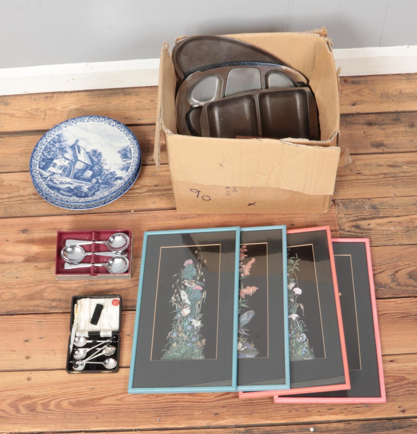 A box of miscellaneous to include EPNS cutlery, Colclough tea set, Delfts blue plates, etc.