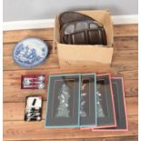 A box of miscellaneous to include EPNS cutlery, Colclough tea set, Delfts blue plates, etc.