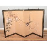 A four fold screen with painted interior panels depicting two birds mounted on prunus blossom
