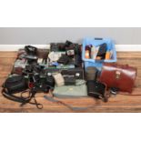 Three boxes of camera equipment. Including cameras, camera bags, binocular cases, Agfa, Vivitar,